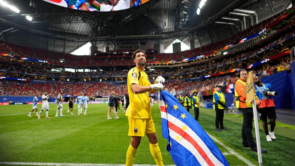 Cape Verde goalkeeper Vozinha celebrates their goalless draw with Spain