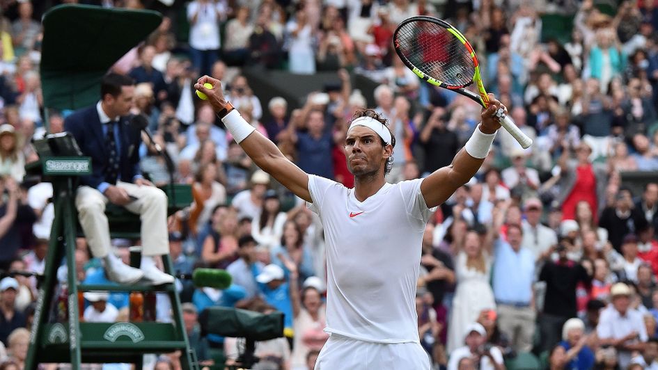 Rafael Nadal celebrates after beating Juan Martin del Potro