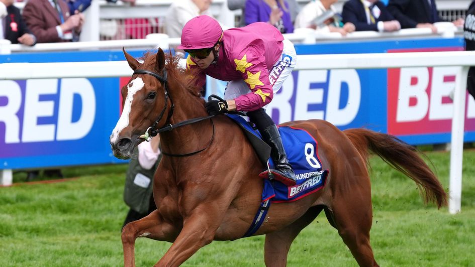 Thundering On is eased down after crossing the line in the Oaks