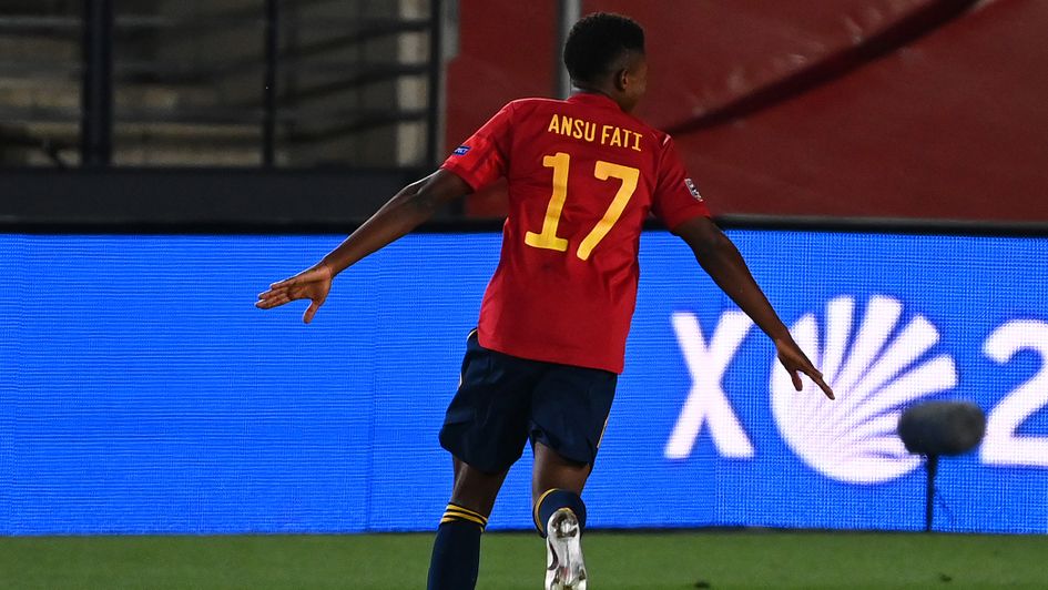 Ansu Fati: Barcelona starlet celebrates after scoring his first goal for Spain - aged 17 years and 311 days
