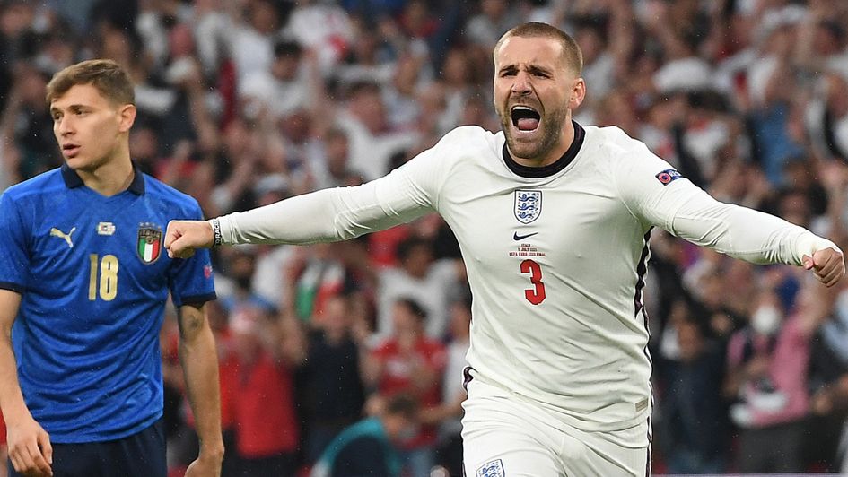 Luke Shaw celebrates giving England the lead against Italy