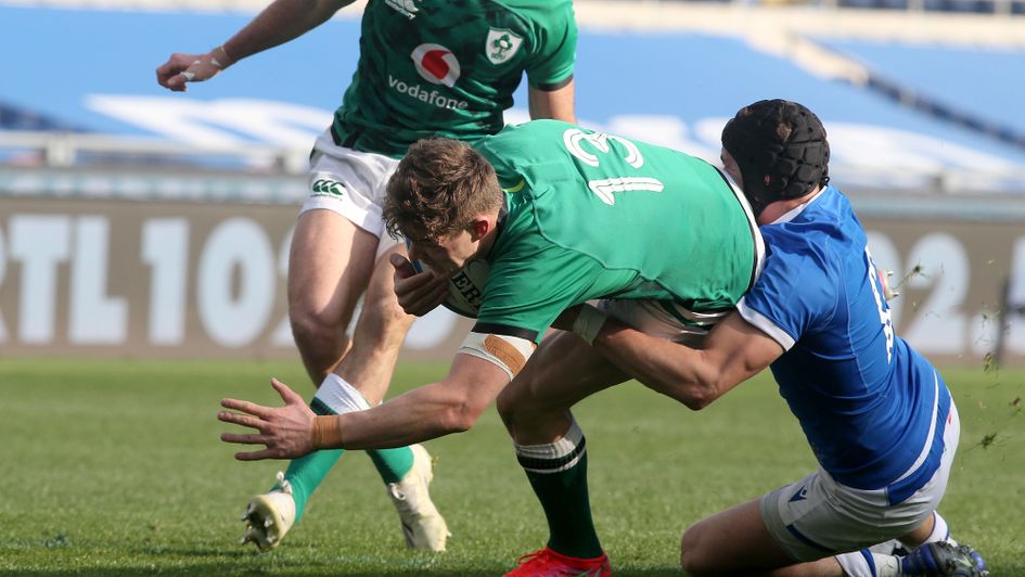 Ireland's Garry Ringrose dives in to score his side's first try