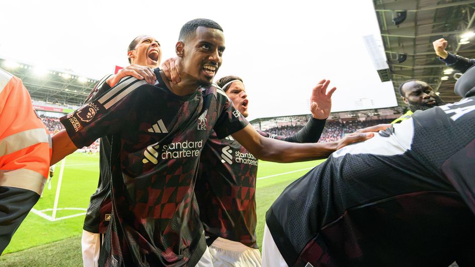 Liverpool celebrate Alexander Isak's goal against Brentford