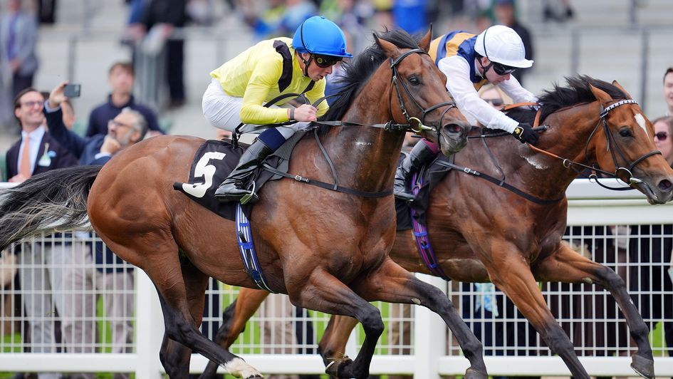 Quddwah, ridden by William Buick, on their way to winning at Ascot