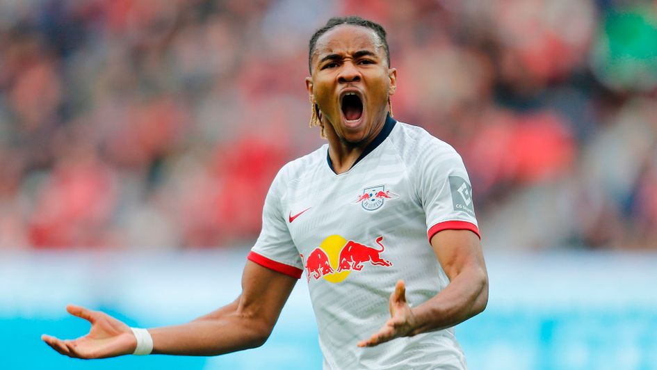 Christopher Nkunku celebrates a goal for RB Leipzig