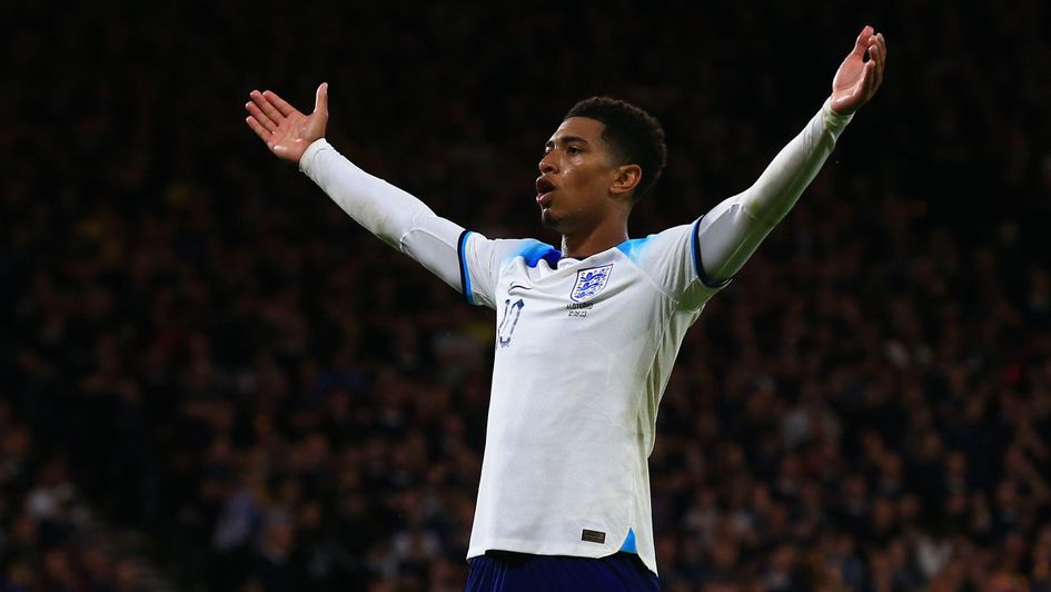 Jude Bellingham celebrates his goal against Scotland