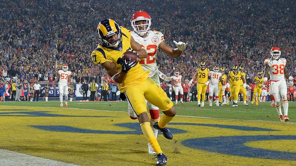 Los Angeles Rams Robert Woods collects a touchdown pass from quarterback Jared Goff