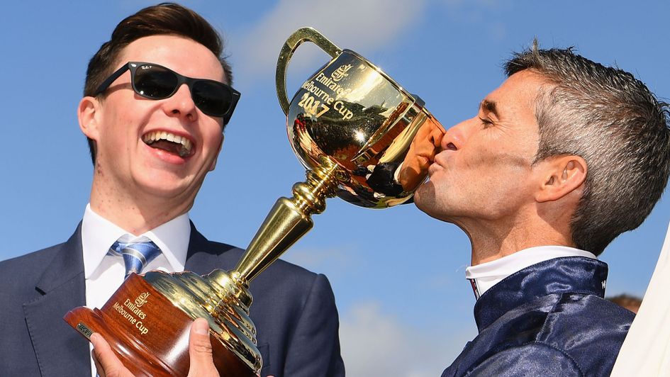 Joseph O'Brien and jockey Corey Brown celebrate their success