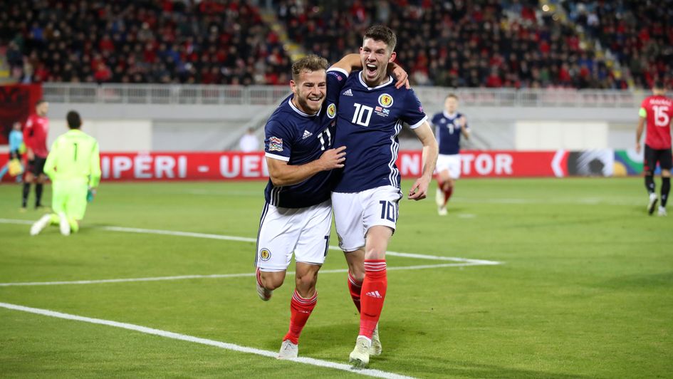 Scotland's Ryan Fraser (left) celebrates his goal against Albania