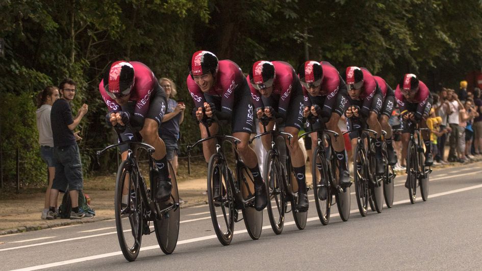 Team Ineos in action on the stage two team time trial at the 2019 Tour de France