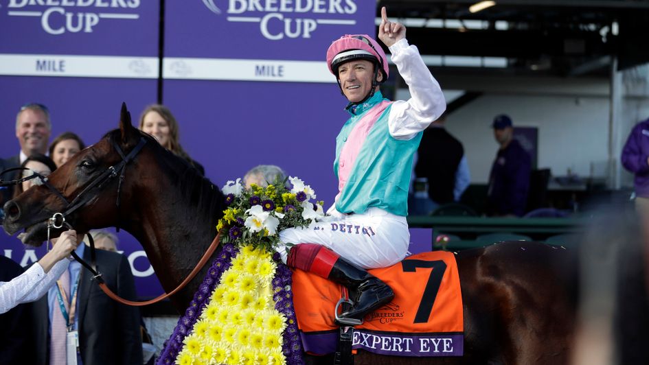 Frankie Dettori celebrates on Expert Eye after the Breeders' Cup Mile