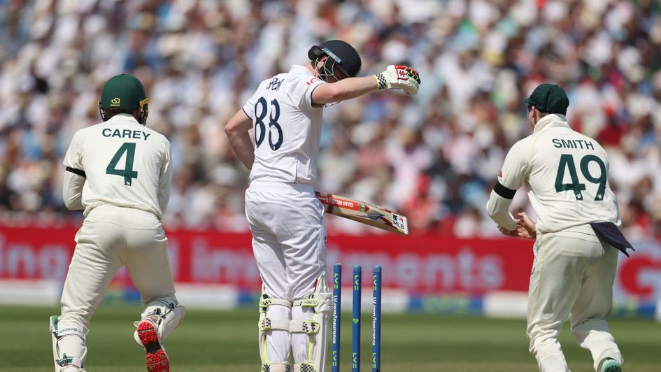 Harry Brook can't quite believe he's been bowled out