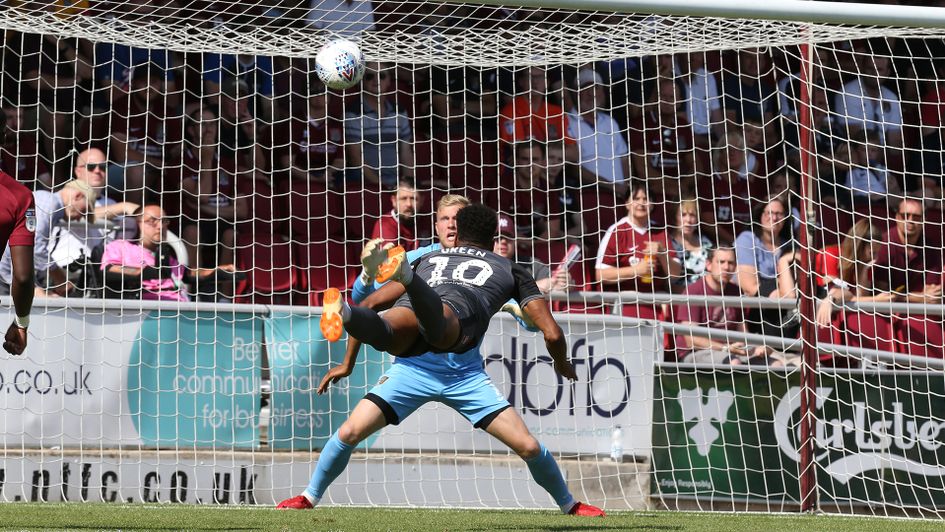 Matt Green scores for Lincoln on the opening day of Sky Bet League Two