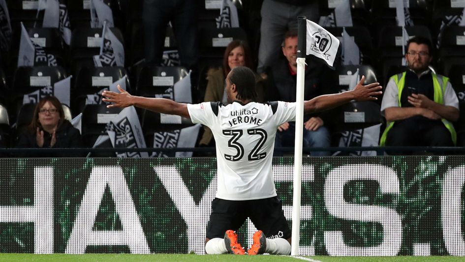 Cameron Jerome celebrates the opening goal of the Sky Bet Championship play-off semi-final between Derby and Fulham