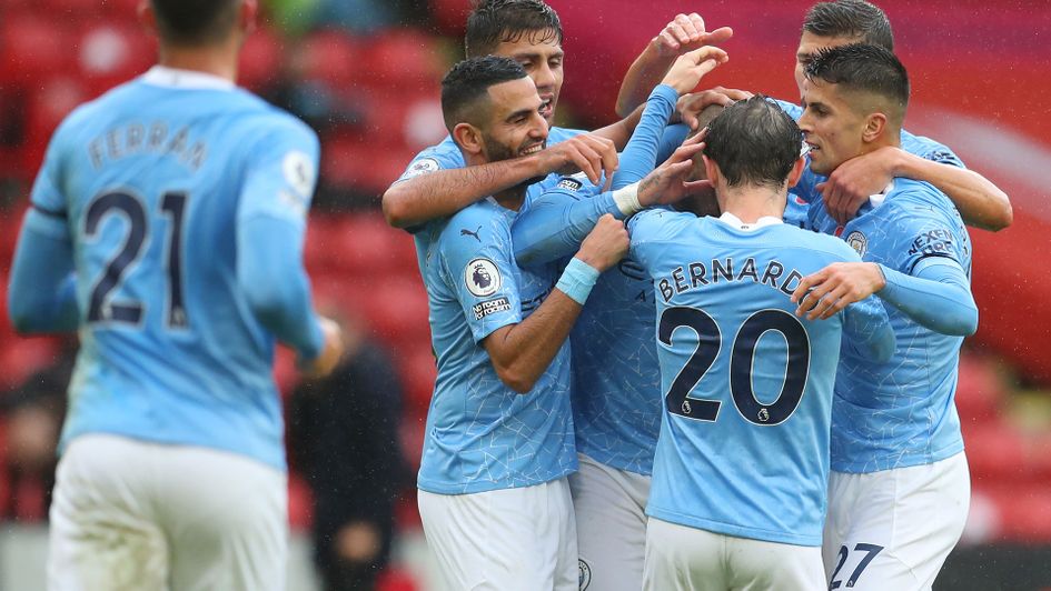 Manchester City celebrate Kyle Walker's opening goal at Sheffield United