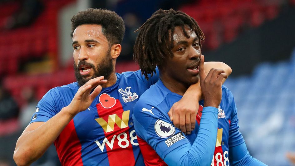 Palace's Eberechi Eze, right, celebrates with Andros Townsend