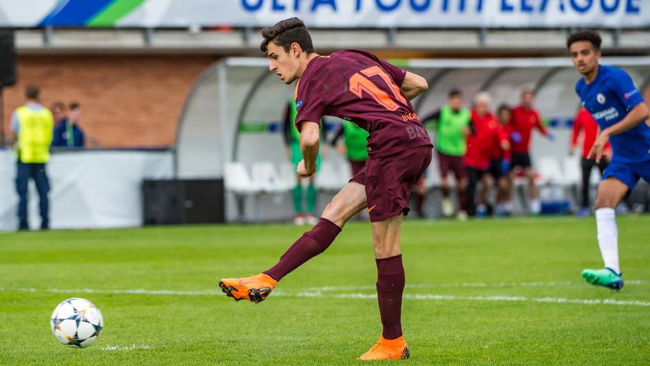 FC Barcelona's Alejandro Marques scores a goal during the UEFA Youth League Final against Chelsea