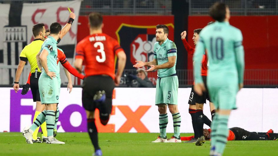 Sokratis gets sent off for Arsenal at Rennes in the Europa League
