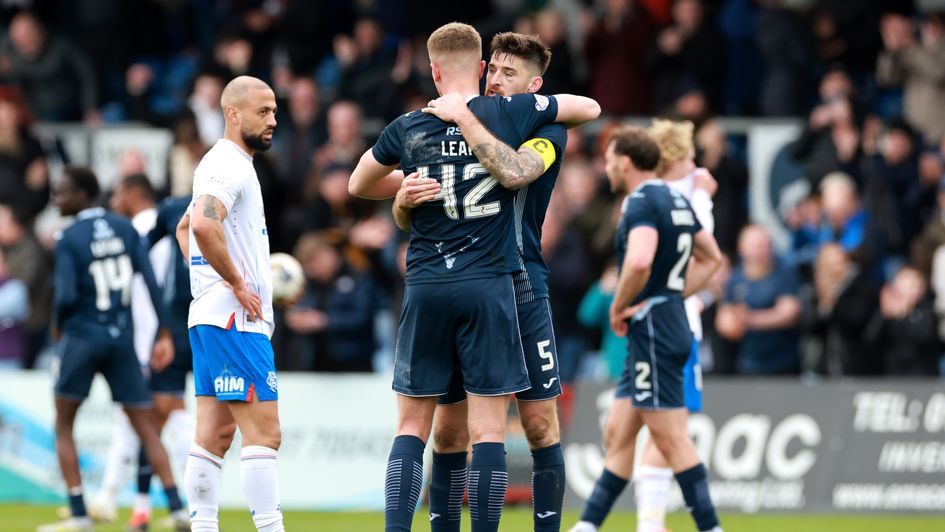 Ross County's Ryan Leak (left) and Jack Baldwin celebrate victory after the final whistle in the cinch Premiership match