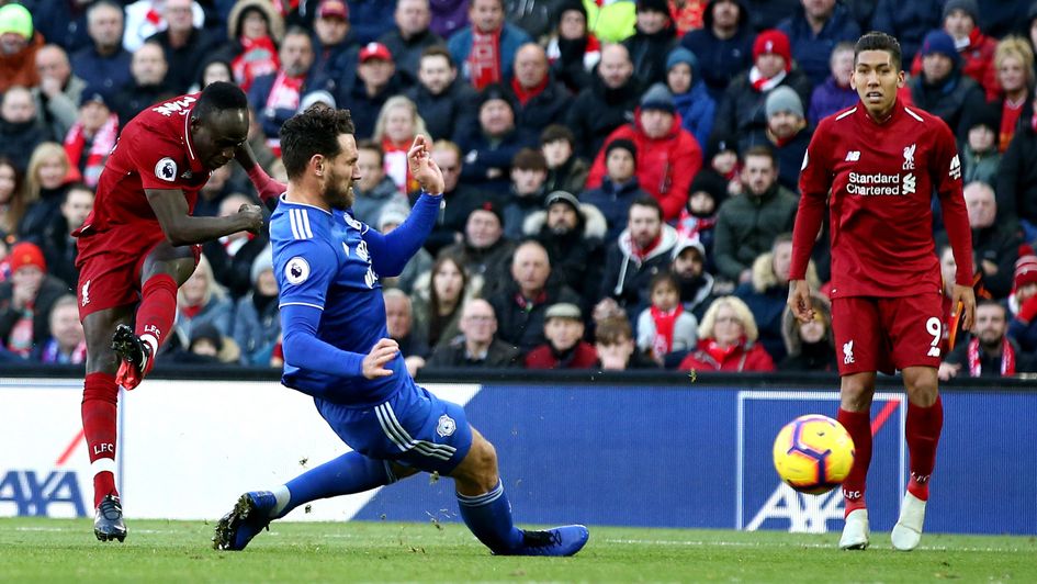 Sadio Mane scores his first goal against Cardiff