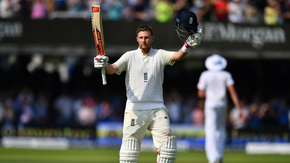 Joe Root celebrates his century