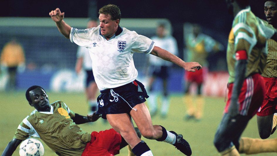 Paul Gascoigne in action during England's World Cup quarter-final with Cameroon