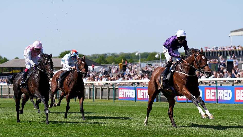 Ancient Egypt wins the JCB Newmarket Stakes