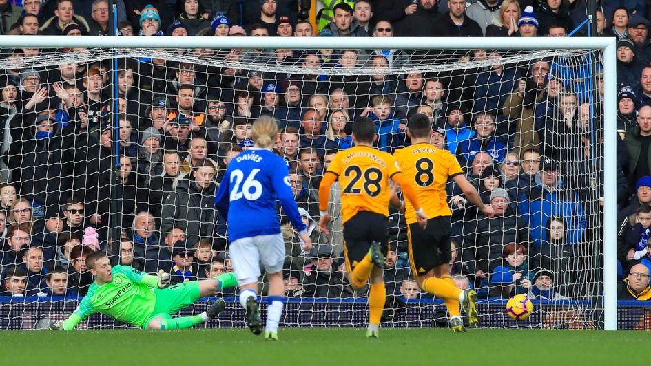 Ruben Neves scores from the spot against Everton