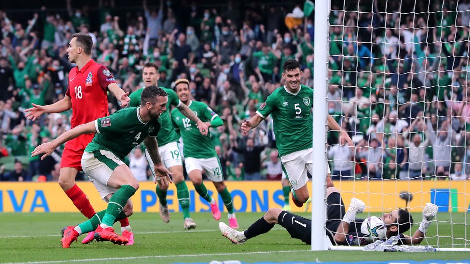 Shane Duffy scores a goal against Azerbaijan