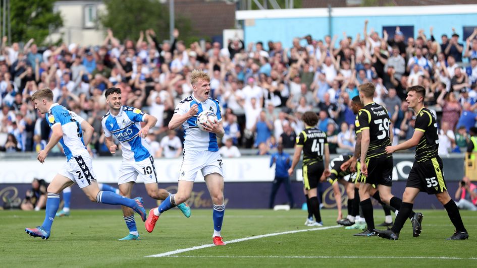 Bristol Rovers' Connor Taylor celebrates his goal against Scunthorpe