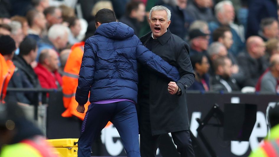 Jose Mourinho celebrates as Tottenham go 2-0 up at West Ham