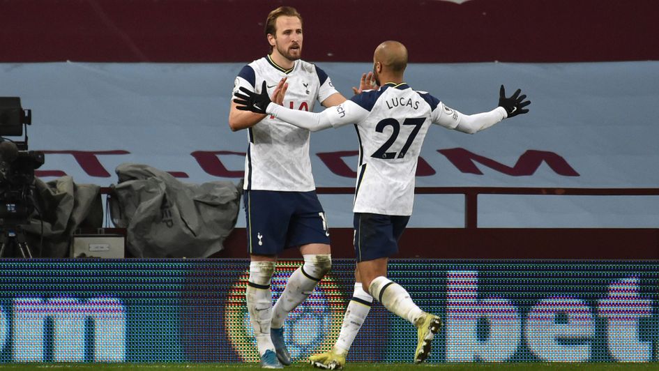Harry Kane and Lucas Moura celebrate a Tottenham goal