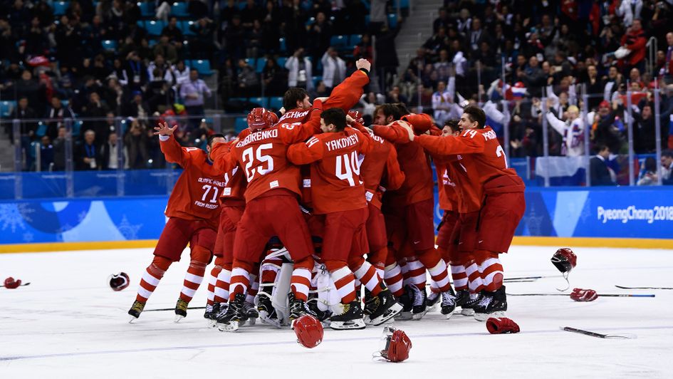 The Olympic Athletes from Russia celebrate after winning gold in 2018