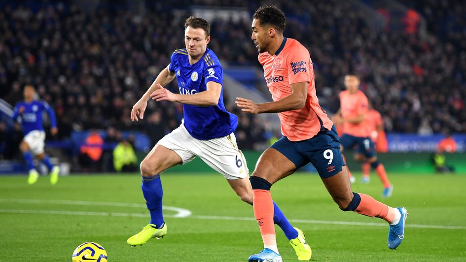 Jonny Evans battles Dominic Calvert-Lewin for the ball