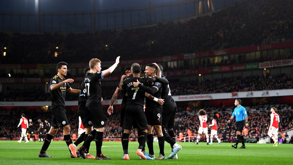 Manchester City celebrate Kevin De Bruyne's goal against Arsenal