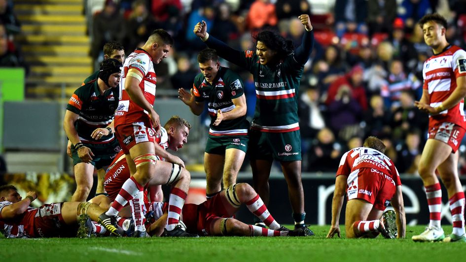 Joe Ford and Fred Tuilagi celebrate for the Tigers