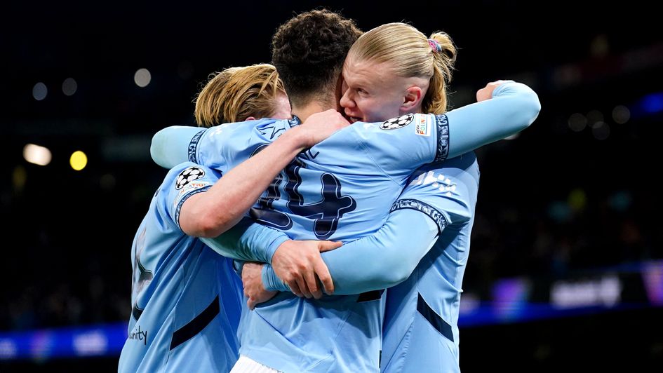 Manchester City's Erling Haaland (right) celebrates with teammates Josko Gvardiol after their second goal of the game during the UEFA Champions League, league stage match at the Etihad Stadium, Manchester. Picture date: Wednesday January 29, 2025.