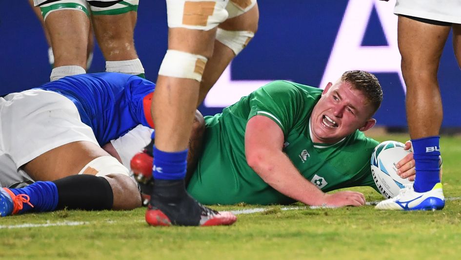 Ireland's prop Tadhg Furlong scores a try