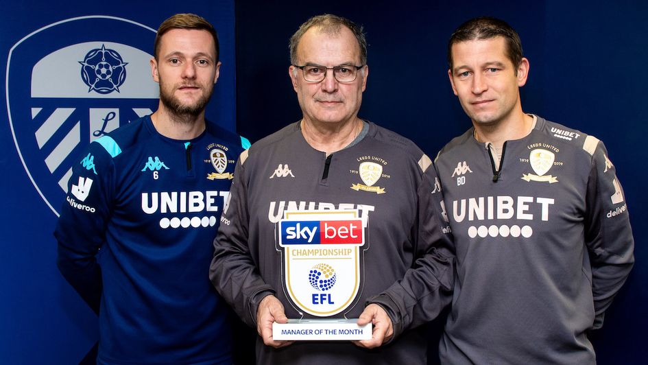Marcelo Bielsa (centre): Leeds boss wins the Sky Bet Manager of the Month award for November 2019