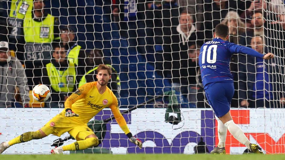 Eden Hazard scores a penalty for Chelsea against Eintracht Frankfurt at Stamford Bridge