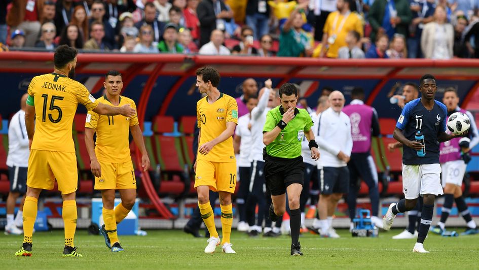Referee Andres Cunha gives a penalty to France after the VAR check against Australia