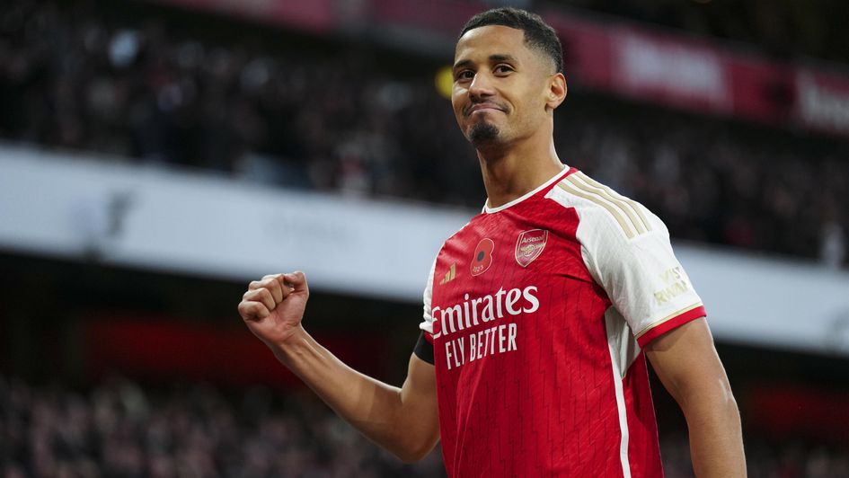William Saliba celebrates scoring for Arsenal