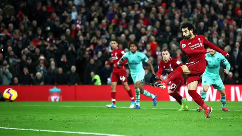Mohamed Salah scores from the penalty spot for Liverpool against Arsenal