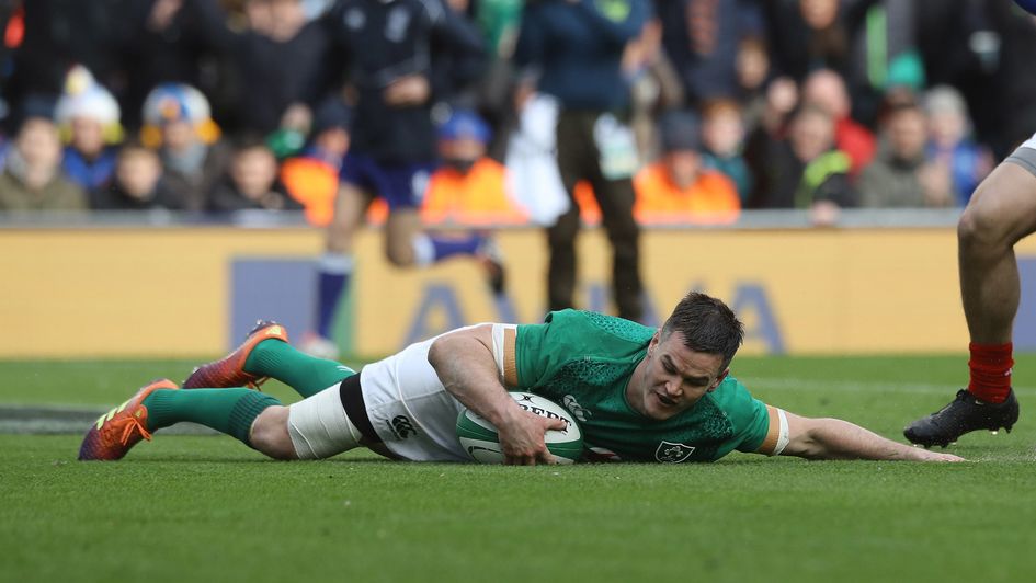 Ireland's Jonny Sexton scores a try
