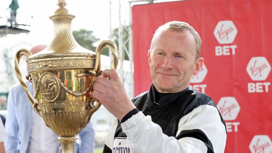 Joe Fanning celebrates his Ayr Gold Cup triumph