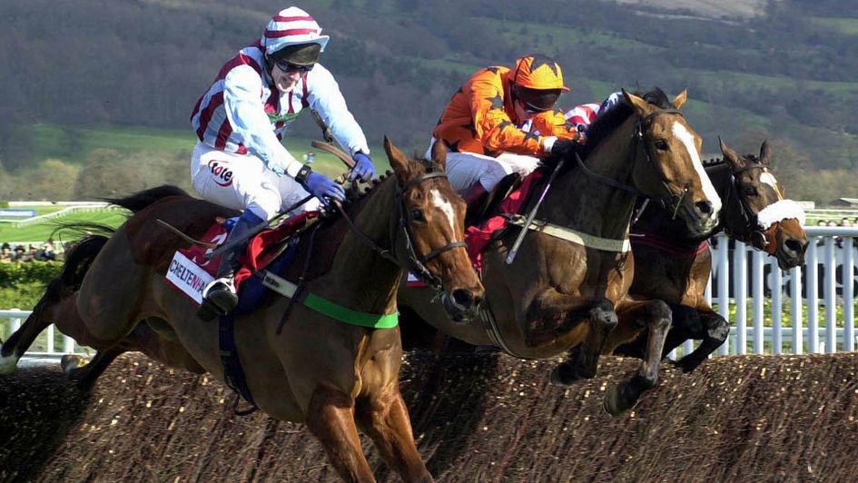 Edredon Bleu ridden by Tony McCoy (left), leads over the final fence at Cheltenham