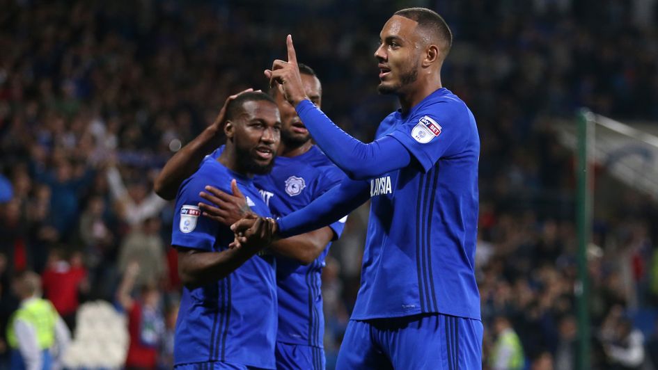 Cardiff City's Kenneth Zohore celebrates scoring his side's first goal of the game 