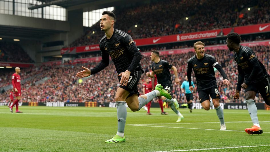 Gabriel Martinelli celebrates a goal against Liverpool