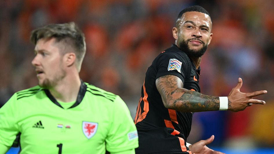 Memphis Depay celebrates his goal against Wales