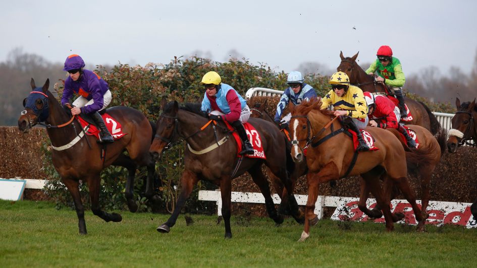 Buywise (red cap) before his late charge at Sandown